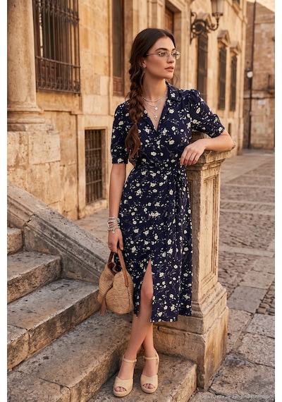 Lela Desenli Regular Fit Yırtmaçlı Midi Boy Kemerli Gömlek Bayan Elbise 6782106 Lacivert
