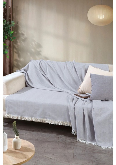 Miracolo Home Açık Gri Pamuklu Önden Saçaklı 170x210 Koltuk Örtüsü