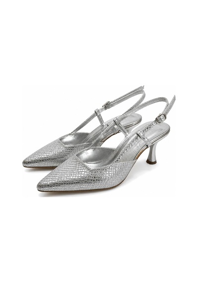 Asmi Shoes Kadın Matina Gümüş Baskılı 7 Cm Topuklu Sivri Burun Arkası Açık Ayakkabı GÜMÜŞ