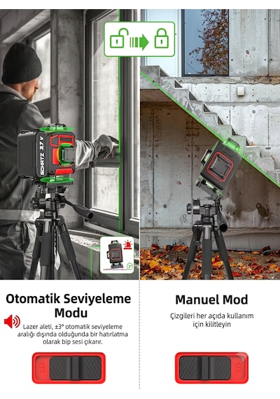 Schatz 360 3.7v Çift Akülü 12 Köşe Otomatik Hizalamalı Kumandalı Yeşil Çizgili Lazer Hizalama Makinesi Kırmızı