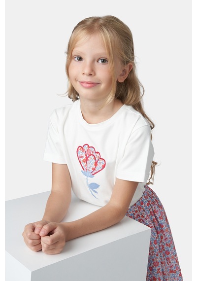 Made With Liberty Fabric Liberty Kumaş Kız Çocuk Nakışlı Tişört Krem