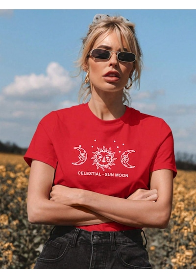 Unisex Sun Moon Ön Baskılı Oversize T-shirt Kırmızı