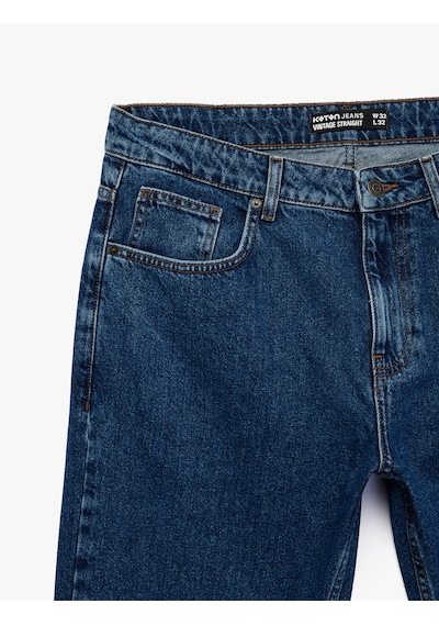 Koton Normal Bel Cepli Pamuklu Vintage Straight Fit Jean Pantolon Orta İndigo 7wam40148nd