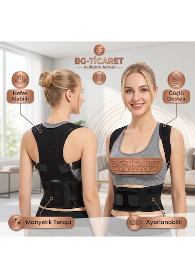 Manyetik Dik Duruş Korsesi Ayarlanabilir Omuz Sırt Bel Destekleyici Kamburluk Önleyici Unisex Siyah Günlük Kullanım