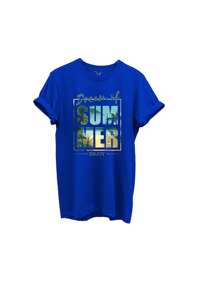 Dream Of Summer Yazılı Palmiye Ve Sahil Temalı %100 Pamuk Regular Fit Unisex T-shirt Mavi