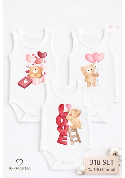Babyden's 3 Lü Bebek Body Seti %100 Pamuk Ayıcık Desenli Unisex Bebek Body Kolsuz Çıtçıtlı Zıbın Beyaz