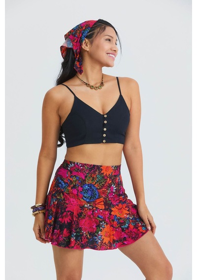 İnce Askılı Düğme Detaylı Crop Bluz Siyah