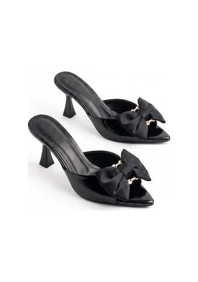 V.s.h Velvet Kadın Fiyonklu 8 Cm Siyah Topuklu Terlik / Siloy-2467