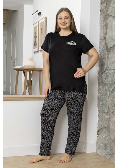 Aydoğan Büyük Beden Kadın Kısa Kol Viskon Pijama Takımı 250059 Siyah