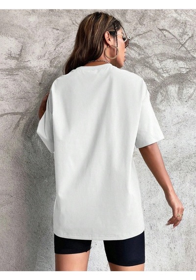 Düz Basic T-shirt - Beyaz Oversize Bisiklet Yaka Kısa Kol Beyaz