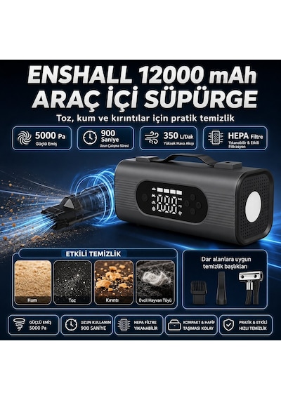 Enshall Ens001 Jump Starter - 10 İn 1 12000 Mah Araç Akü Takviye Cihazı Hava Kompresörü Powerbank Süpürge Led Fener