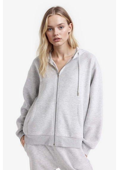 Defacto - Relax Fit Kapüşonlu Basıc Kalın Fermuarlı Sweatshirt C1809AX26SP Gri