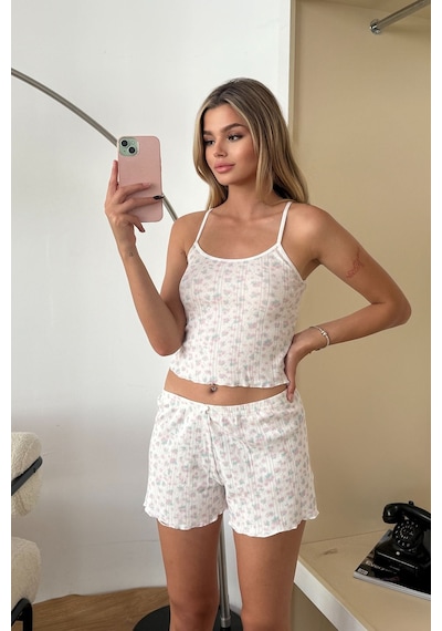 Giysa Kadın Askılı Çiçek Desenli Şortlu Pijama Takımı Beyaz Mini Çiçek - 3300