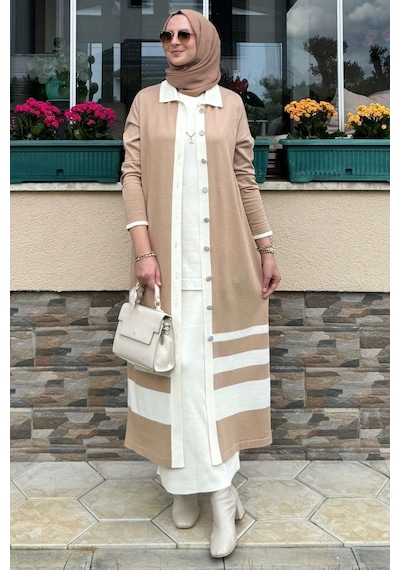 Rabia Şamlı İmge Çizgili Triko Hırka Bej Çok Renkli