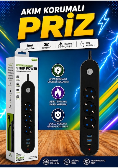 Akım Korumalı Priz 3 Port 3 Usb 1