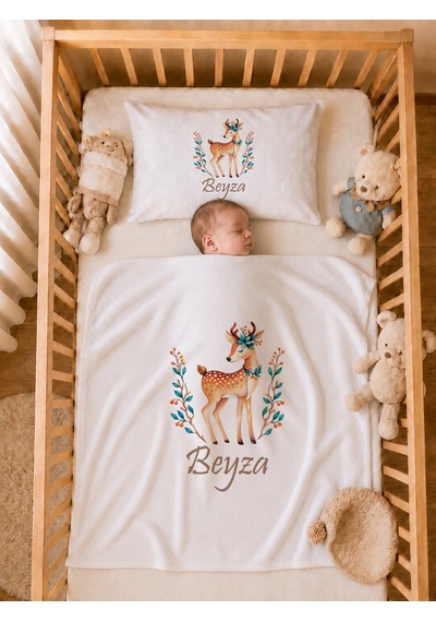 Pia Baby Kız Bebek Tulum Seti İsme Özel %100 Pamuk Organik Baskılı Yastık Kılıfı Ve Battaniyeli Tulum 2036tyb3x Ekru