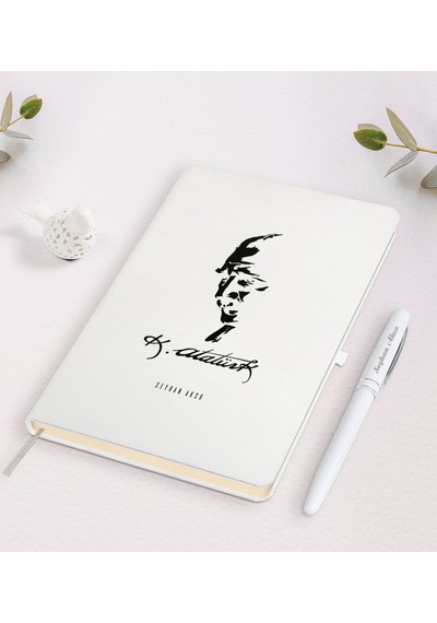 Kişiye Özel Atatürk Temalı Beyaz Defter ve Kalem Seti-22 Beyaz
