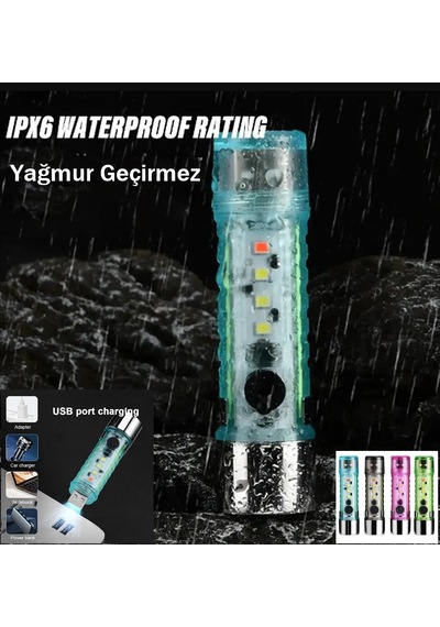 Gaman Ey023 10watt Ultra Güçlü 6mod Kırmızı İkaz Ledli Şarjlı El Feneri Mavi