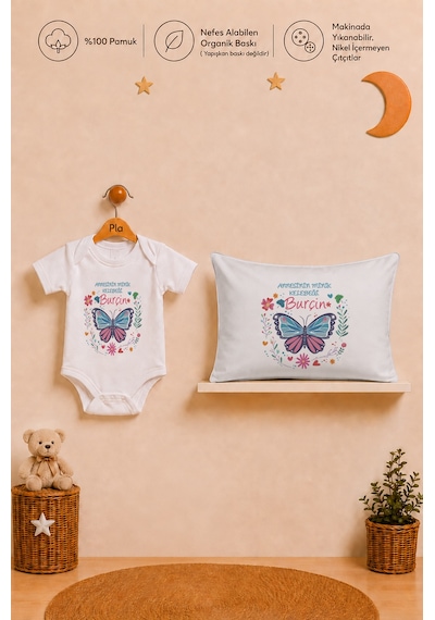 Pia Baby Kız Bebek İsme Özel Hediye Seti %100 Pamuk Body Yastık Kılıfı Ve Ham Bez Bebek Kıyafet Kesesi 2041byk2x Ekru