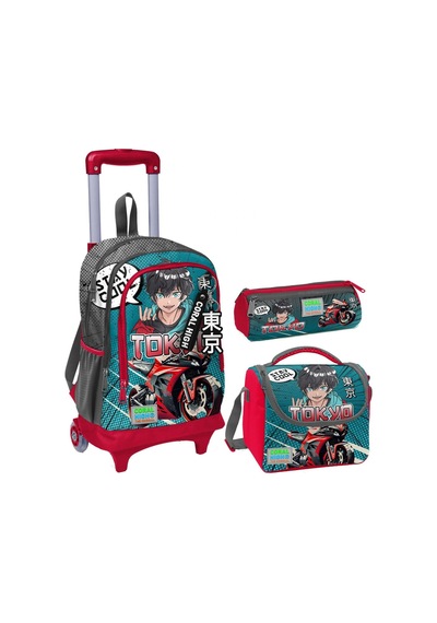 Coral High Gri Nefti Anime Motorsiklet Üçlü Çekçek Işıklı Tekerlekli Çanta Seti - Erkek Çocuk