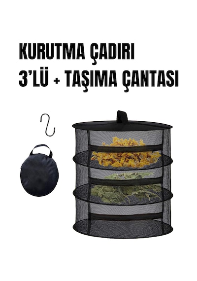 Tineke 3 Katlı Fermuarlı Meyve Sebze Kurutma Filesi Katlanabilir Doğal Kurutma Sepeti Siyah Siyah