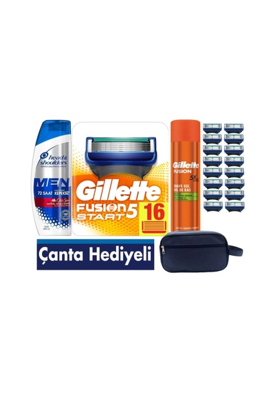 Fusion Start 16 Yedek Tıraş Bıçağı - Gillette Fusion 200 Ml Jel +300 Ml Şampuan+ Çanta