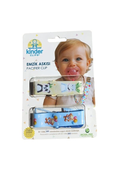 Bebek Emzik Askısı, 2'li Set, Sevimli Hayvan Desenli, Plastik Klipsli, Nikelsiz, En 12586:2025 Standartlarına Uygun Çok Renkli