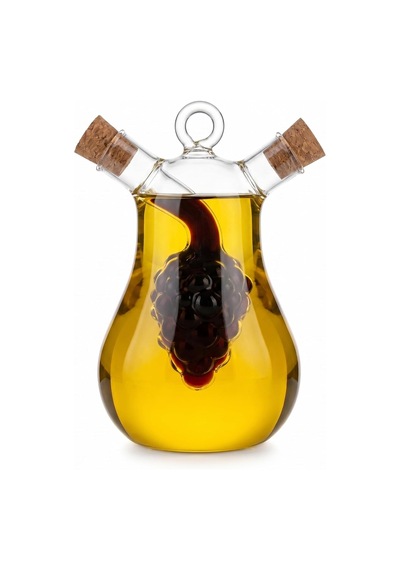 Çift Hazneli Borosilikat Cam Yağdanlık Ve Sirkelik, Üzüm Figürlü, Damlatmaz, Mantar Tıpalı, 300 Ml + 50 Ml Çok Renkli