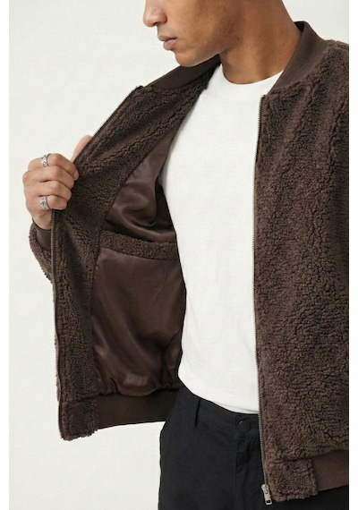 Genius Store Erkek Mont Peluş İçi Astarlı Oversize Geniş Kalıp Sherpa Kuzu Kumaş Spor Mont Kahverengi