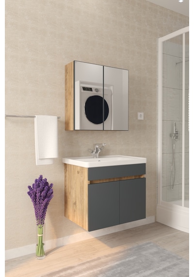 Makbulce Tokyo 65cm Seramik Lavabolu Mdf Aynalı Banyo Dolabı Atlantik Çam - Antrasit Gri Makbulce Tokyo 65cm Seramik Lavabolu Mdf Aynalı Banyo Dolabı Atlantik Çam - Antrasit Gri