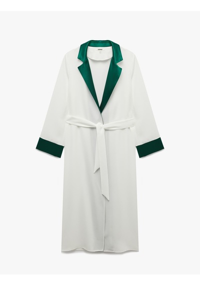 Koton Krep Kumaş Kuşaklı Kontrast Detaylı Uzun Kollu Kimono Beyaz 7wak50087uw