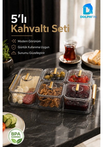 5 Li Kapaklı Kahvaltılık Seti Şeffaf Gold Kulplu Sunum Tepsili Bpa İçermez Seffaf