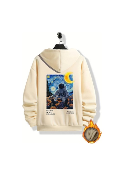 Medinenur Astronot Arka Baskılı Kapüşonlu Sweatshirt Bej