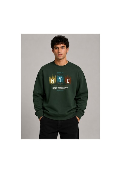 Herkesemoda Nyc Baskılı Bisiklet Yaka Şardonlu 2 İplik Sweatshirt Yeşil