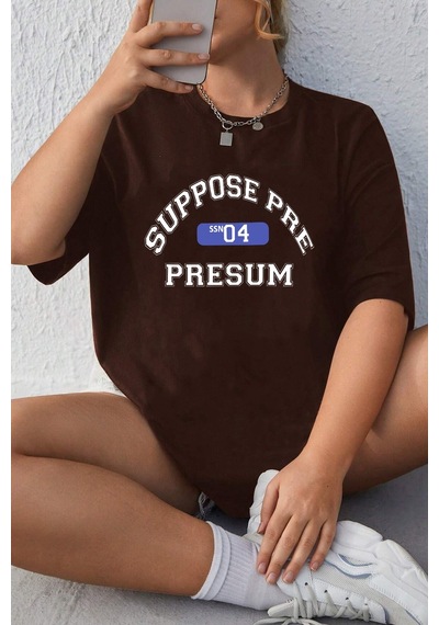 Unisex Suppose Pre Baskılı Oversize Tshirt Kahverengi