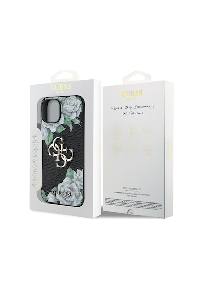 Apple Uyumlu iPhone 15 Kılıf Guess Lisanslı Gül Baskılı Büyük Metal Logo Dizaynlı Kapak Siyah