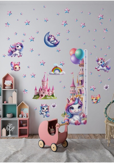 Unicorn Temalı Gökkuşağı Renkli Boy Ölçerli Duvar Sticker Seti - Mat, Sökülebilir, Çocuk Odası Dekoru 01