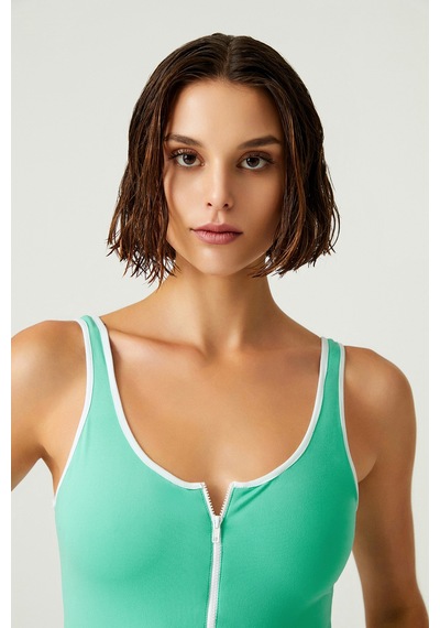 Los Ojos X Melodi Yeşil Kontrast Biye Ve Fermuar Detaylı Body Bodysuit Yeşil Yeşil