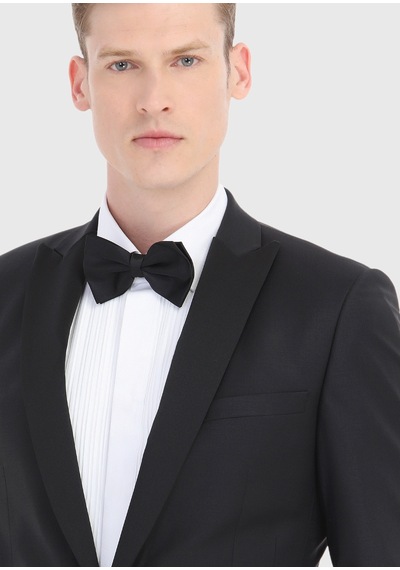 Ramsey Siyah Düz Fashion Slim Fit Kruvaze Yaka Dokuma Smokin Takım Elbise