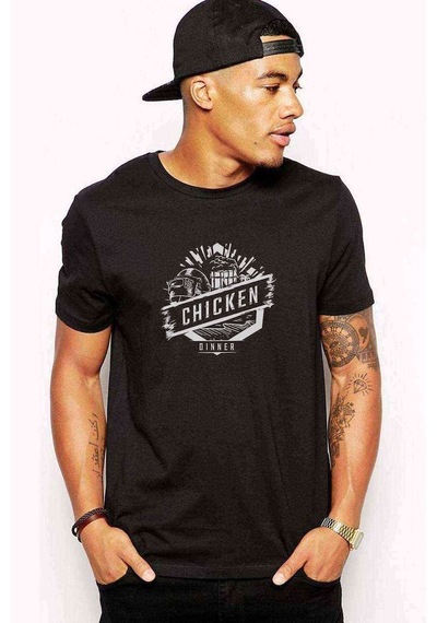 Pubg Chicken Dinner Baskılı Siyah Erkek Tshirt (530960281)