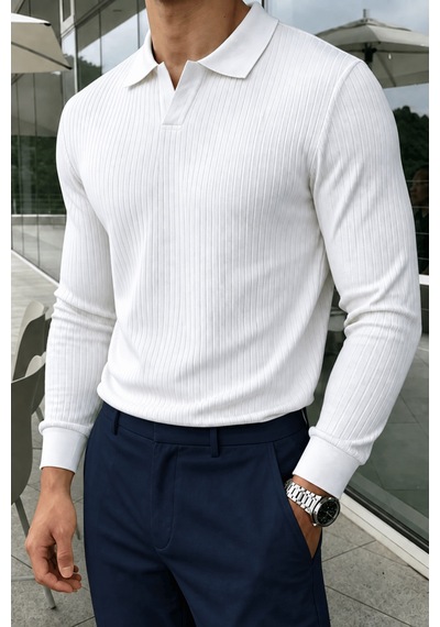 Genius Store Erkek Polo Yaka Kazak Fitilli Anti Pilling Tüylenme Yapmaz Regular Fit Erkek Triko Kazak Pyaka-kzk Beyaz