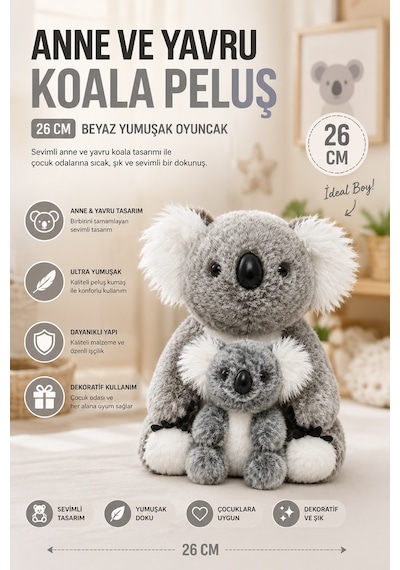 26 Cm Gri Anne Ve Yavru Koala Peluş Oyuncak Yumuşak Dekoratif Çocuk Odası Uyku Arkadaşı