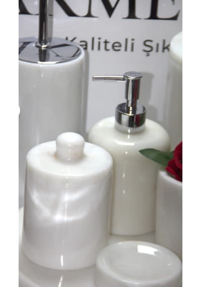 Akmera Home Mermer Kulplu 7 Parça Şık Banyo Seti Özel Tasarım Beyaz
