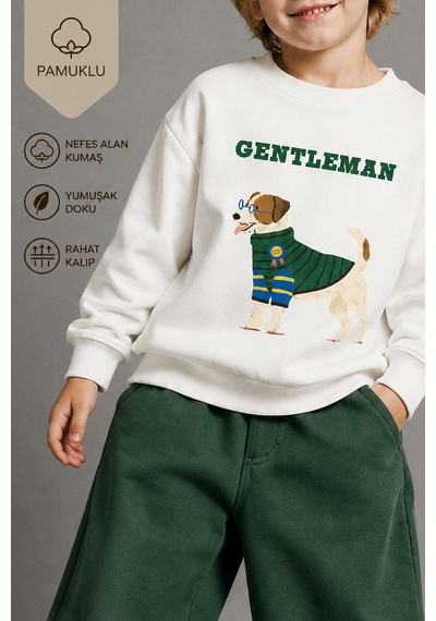 Monila Erkek Çocuk 3 İplik Kumaş Hayvan Baskılı Pamuklu Sweatshirt Ekru