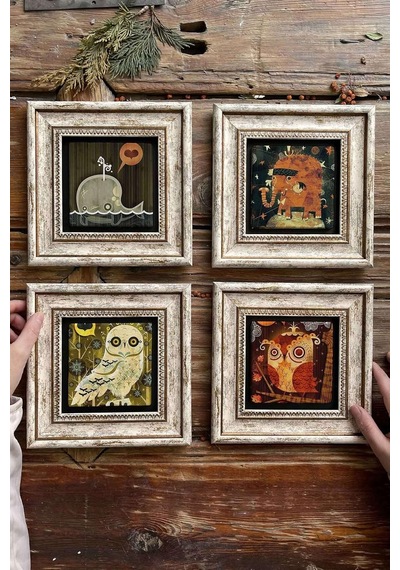 Oscar Stone Decor Çerçeveli Taş Tablo Duvar Dekoru 20x20cm 4'lü Set Baykuşlar Fil Ve Balina