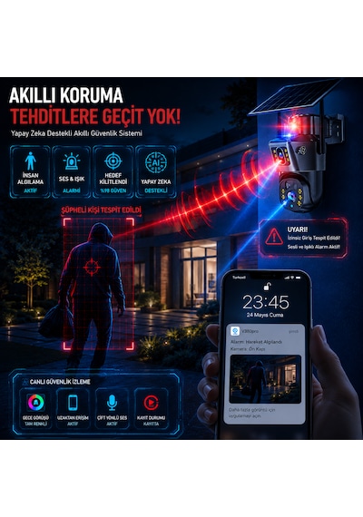 6mp Solar Wifi Çift Lensli Ptz Güvenlik Kamerası 360 Dönüş Hareket Algılama Gece Görüşü Uzaktan İzleme Ip66 Dış Mekan Kamera