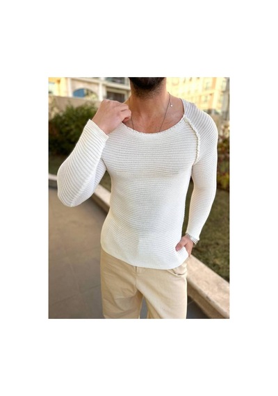 Elku Moda Kazak Slim Fit Triko Dar Kesim Geniş Yaka Yumuşak Dokulu Pamuklu Kazak Ekru