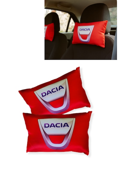 Dacia Logolu Kırmızı Seyahat Boyun Yastığı 2 Li Set Dijital Baskılı Araç Boyun Destek Yastığı Kırmızı