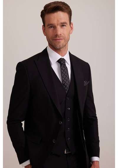 Erkek Siyah Slim Fit Yelekli Sivri Yaka Takım Elbise