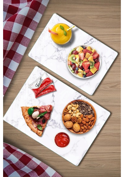2'li Cam Kesme Tahtası Ve Sunumluk Beyaz Mermer Desenli 20 X 30 Cm Ve 25 X 35 Cm Çok Renkli